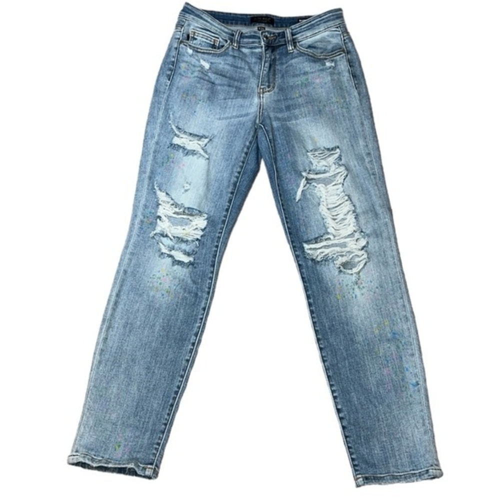 {EUC Judy Blue Christine Rainbow Paint Splatter Boyfriend Distressed Jeans 7/28}